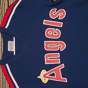 SAND KNIT Los Angeles Angels MLB Blue‎ White Red Medium Mens Baseball Jersey VTG